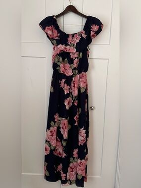 Premier Amour Navy Off the Shoulder Maxi Dress with Pink Floral Print 10